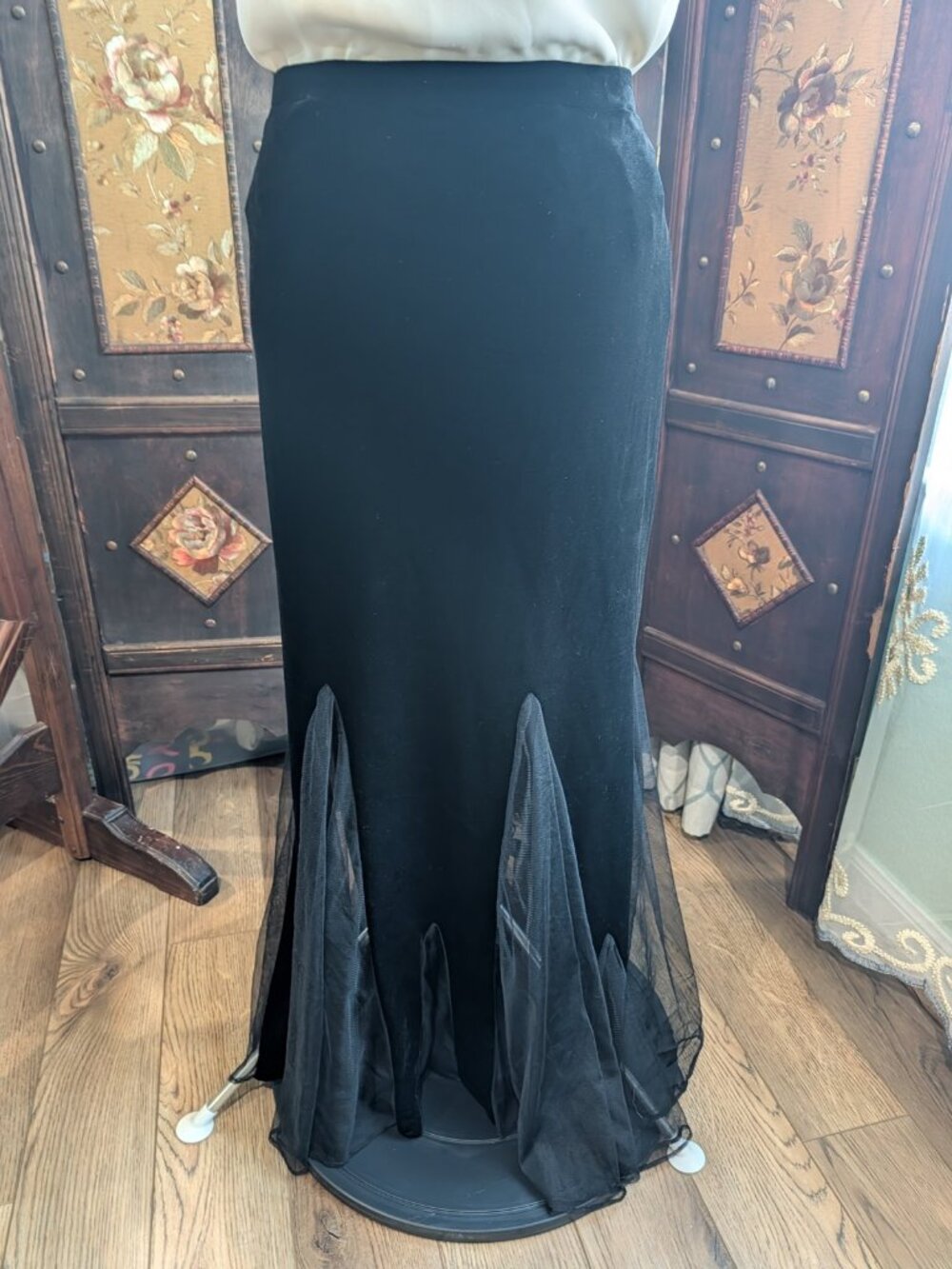 Xscape Black Velvet Mermaid Maxi Skirt Sheer Mesh Godet Gothic Witchy Size M